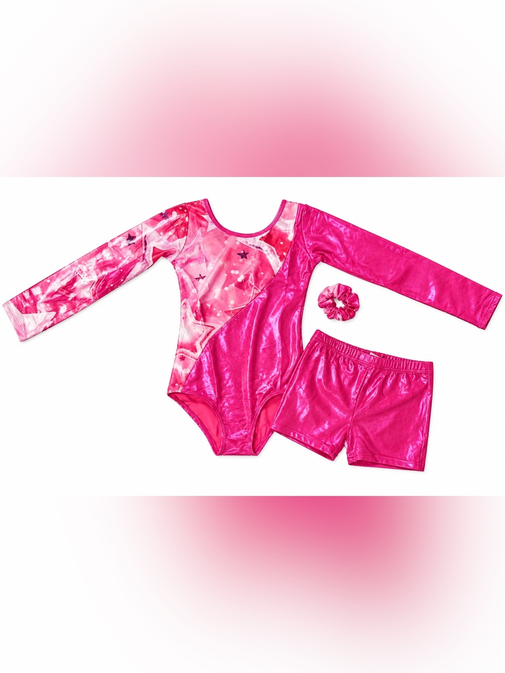 Girls' Hot Pink Shimmer Stars Leotard Set with Scrunchie Size 11-12 NWT